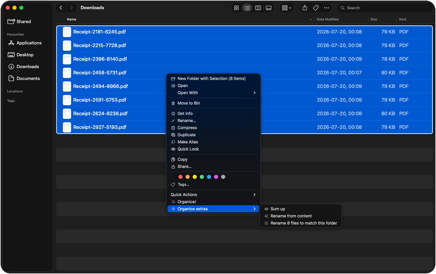 Eight receipt files selected in Finder with Organice actions for totaling and renaming the selection