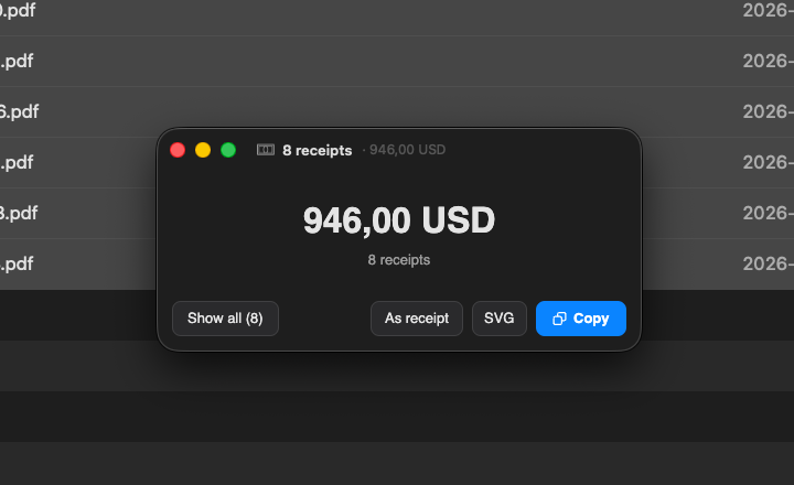 Organice showing a verified total of 946 US dollars across eight selected receipts