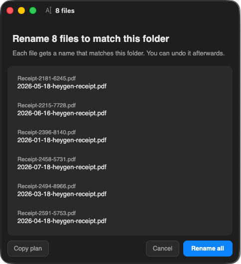 Organice previewing consistent new names for eight receipt files before applying the rename