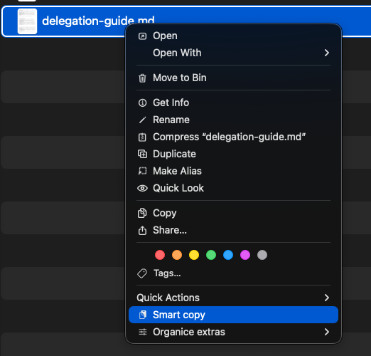 Smart Copy selected from the Finder context menu for a Markdown file
